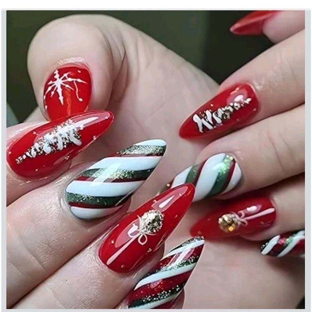 SINSEN Christmas Press on Nails Medium - Almond Christmas Fake Nails, Red Green